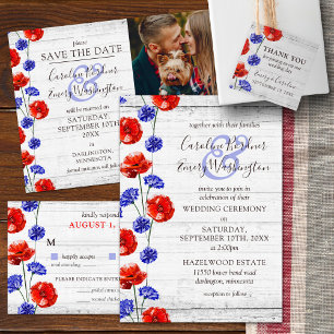Invitation Mariage floral en bois rustique et pavot rouge