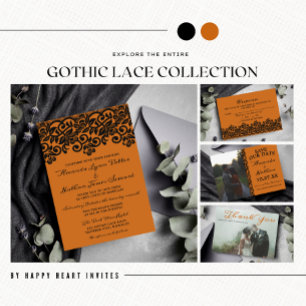 Gothic Lace Halloween Orange Black Wedding Invitation