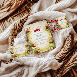 Rustic Floral Lady Bug 1st Birthday Invitation