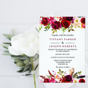 Navy Blue Elegant Burgundy Floral Wedding Invite