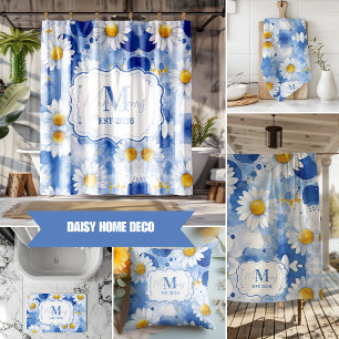 Custom Blue Watercolor Daisy Monogram Decor Kitchen Towel