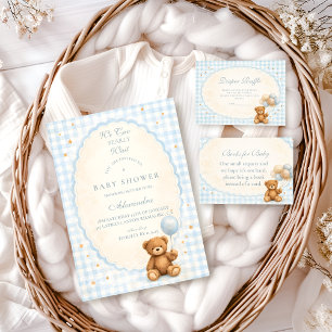 Blue Gingham Teddy Bear Baby Shower Invitation