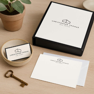 Modern Home Logo Real Estate Ivory/Black QR code Business Card