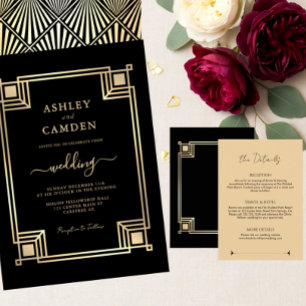 Art Deco Elegant Gold Frame Black Wedding Invitation