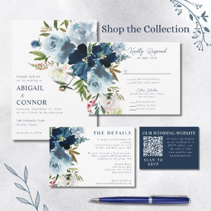 Navy & Dusty Blue Elegant Floral Watercolor All In One Invitation
