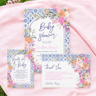 Italian blue tiles watercolor floral baby shower invitation