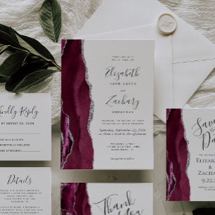 Modern Burgundy Silver Agate Wedding Details Enclosure Card