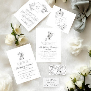 Beautiful Floral 'A' Monogram Sketched Wedding Invitation