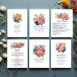 Blue, Pink, Orange, and Green Floral Wedding Invitation