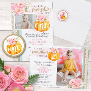 Fall Floral Pumpkin Girl's Custom Birthday Photo Invitation