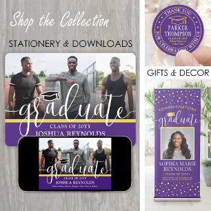Modern Script Purple and Gold 4 Photo Graduation Announcement