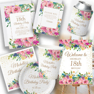 Pink Yellow Floral Gold Glitter 80th Birthday Invitation