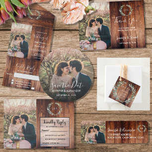 Rustic watercolor leaves on barnwood photo wedding invitation