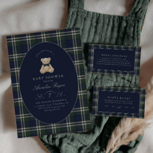 Invitation Fête de naissance ourson tartan polo élégant garço