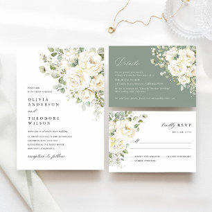 Sage Green White Floral Watercolor Elegant Wedding Invitation