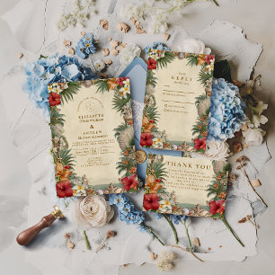 Tropical Hibiscus Seashell Wedding Thank You Card