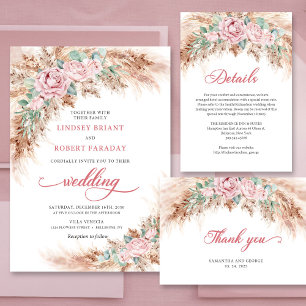 Boho pampas and blush pink roses eucalyptus invitation
