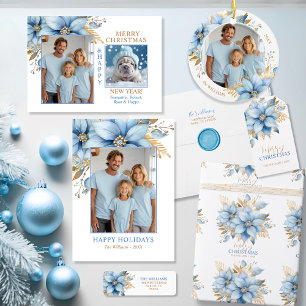  Icy Blue Gold Poinsettia Flower Christmas Tree Ceramic Ornament