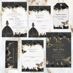 Elegant Black  Gold Floral Butterfly Quinceañera Invitation