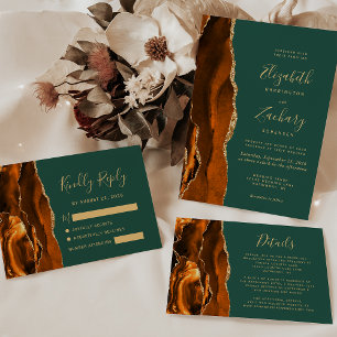 Modern Rust Agate Emerald Green Wedding RSVP Card