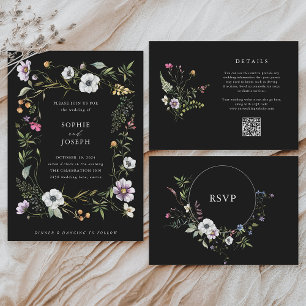Black Botanical Wildflowers   Elegant Wedding Invitation