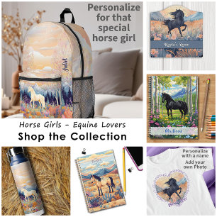 Horse Girl Personalized Black Wild Stallion Floral T-Shirt