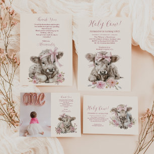 Pink Girl Floral Highland Cow 1st Birthday Paper Plate