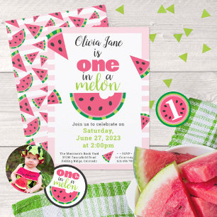 One in a Melon Watermelon Baby Girl 1st Birthday Invitation