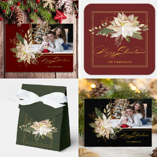 Elegant White Poinsettias w/Gold Greenery Photo Tri-Fold Holiday Card