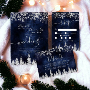 Silver snow pine navy Christmas winter wedding Invitation