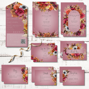 Vintage Boho Jewel & Pink Floral QR Code All In One Invitation