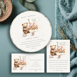 Cute Chic Teddy Floral Cart Books For Baby Shower Enclosure Card