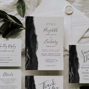 Modern Black Silver Agate Wedding Flat Thank You Card