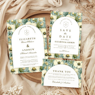 Dusty Blue Floral Arch Garden Wedding Save The Date