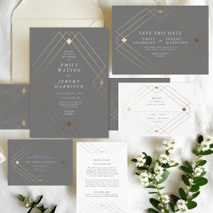 Grey & White   Gold Deco Lines Save The Date Announcement