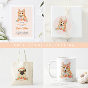 Watercolor Corgi and Peach Flowers Dog Birthday Thank You Card