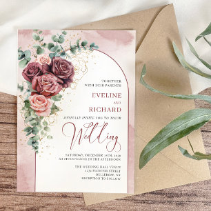 Chic arch blush marron roses floral eucalyptus save the date