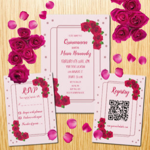 Pink Rose Quinceañera RSVP Card