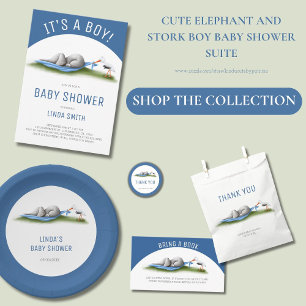 Cute Blue Elephant Boy Baby Shower Paper Plate