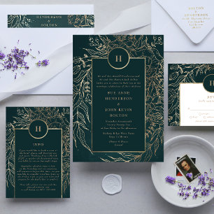 Editable Gold Foil & Emerald Green Wreath Monogram Invitation
