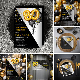 Balloons Elegant Black   Gold 80th Birthday Party Invitation