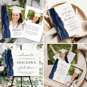 2025 Navy Blue Gold Agate Graduation Invitation