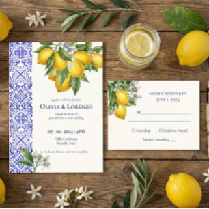 Amalfi Coast Lemon & Blue Tile Wedding Invitation 
