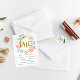 5th Birthday Pink Gold Floral Wreath Invitation