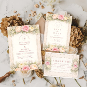 Blush Ranunculus Rose Garden Wedding Invitation