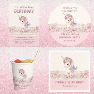 Gobelets En Papier Fleurs roses mignonnes Fille Unicorne Anniversaire