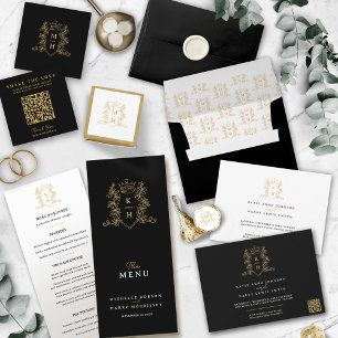 Monogram crest heart crown black gold wedding  invitation