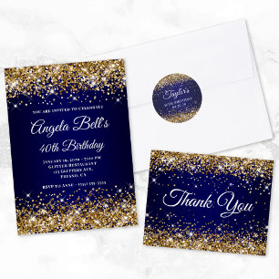 Gold Glitter Navy Ombre 50th Birthday Invitation