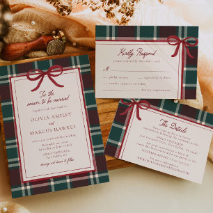 Christmas Bow Burgundy Dark Green Plaid Wedding Invitation