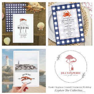 Blue Gingham Crab Wedding Invitation